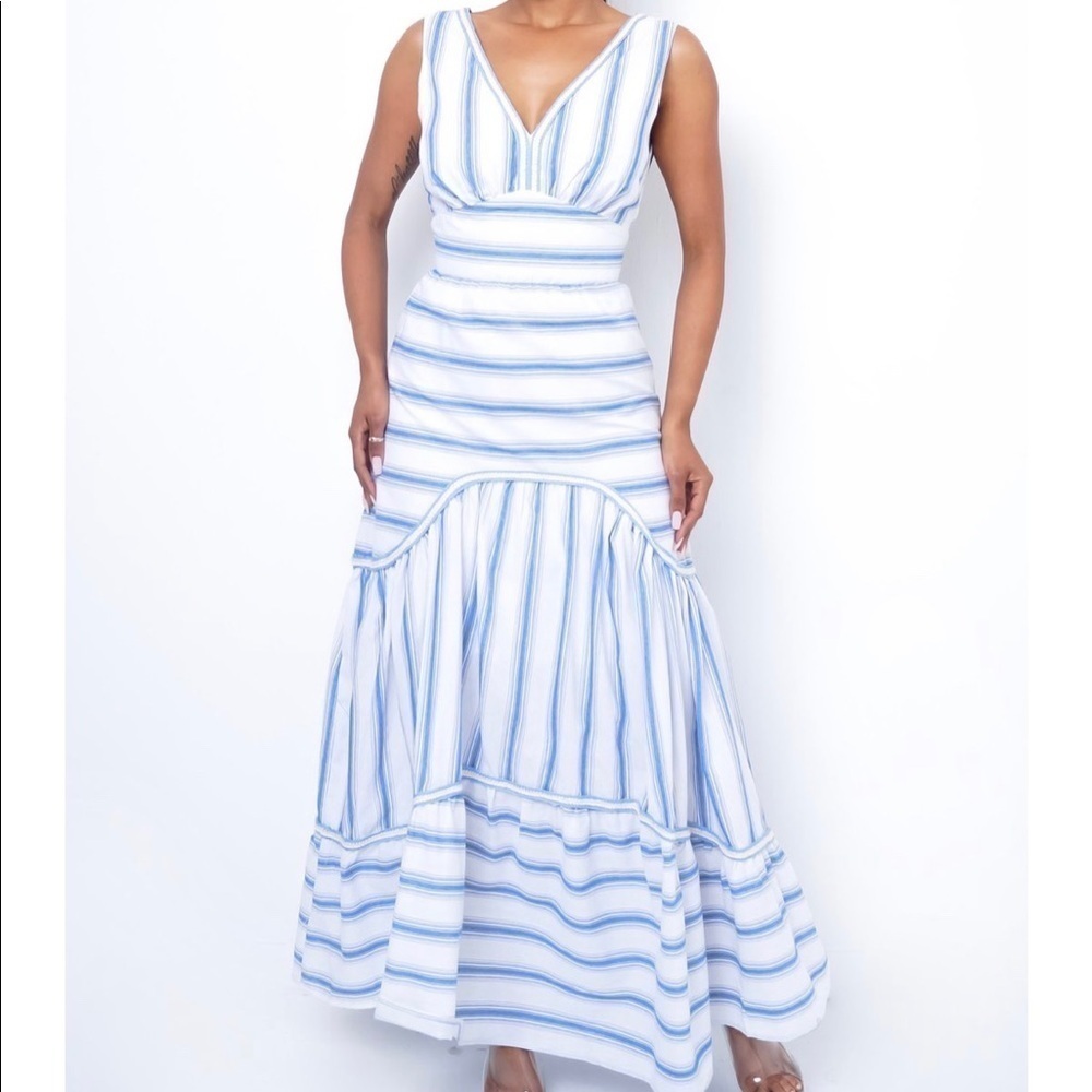 Blue & White Stripe Tiered Maxi Dress